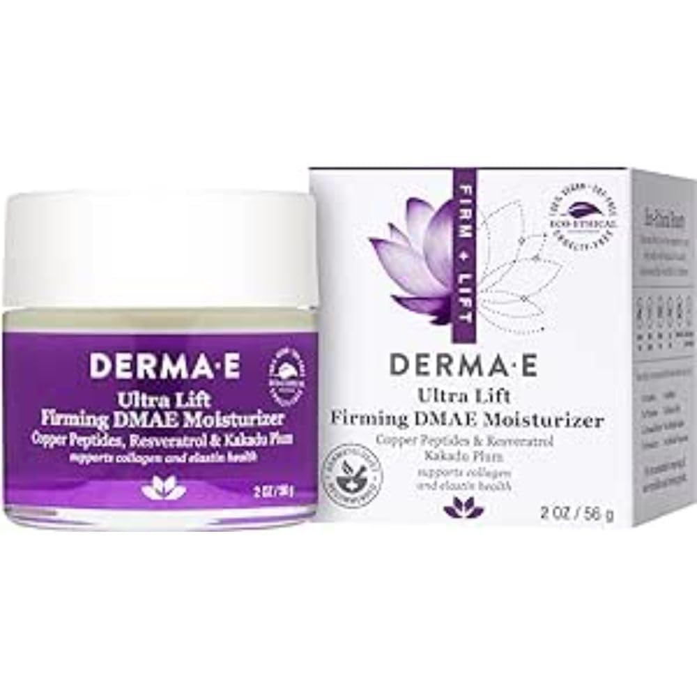 Derma E Firm + Lift bottle on a bathroom shelf highlighting firming skincare benefits.