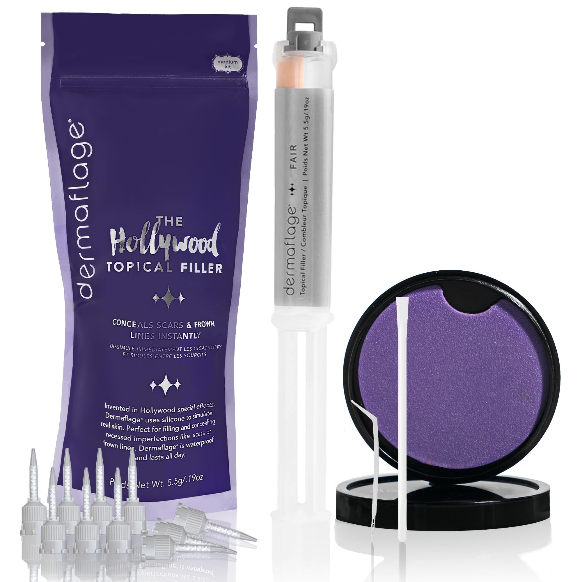 Dermaflage Scar Filler Kit packaging shows a Hollywood-ready, all-day concealed look.