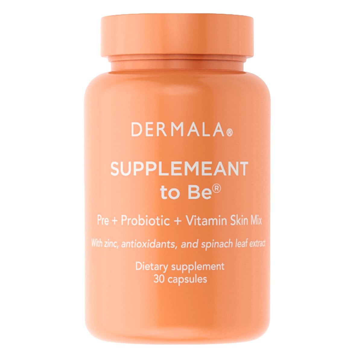 Dermala FOBO Supplemeant bottle close-up promoting balanced gut health for clearer skin.