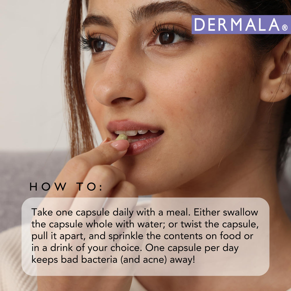 Dermala FOBO Supplemeant ingredients chart highlights prebiotics and vitamins for skin health.