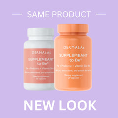 Dermala FOBO Supplemeant label detail showing natural ingredients and zinc support for skin wellness.