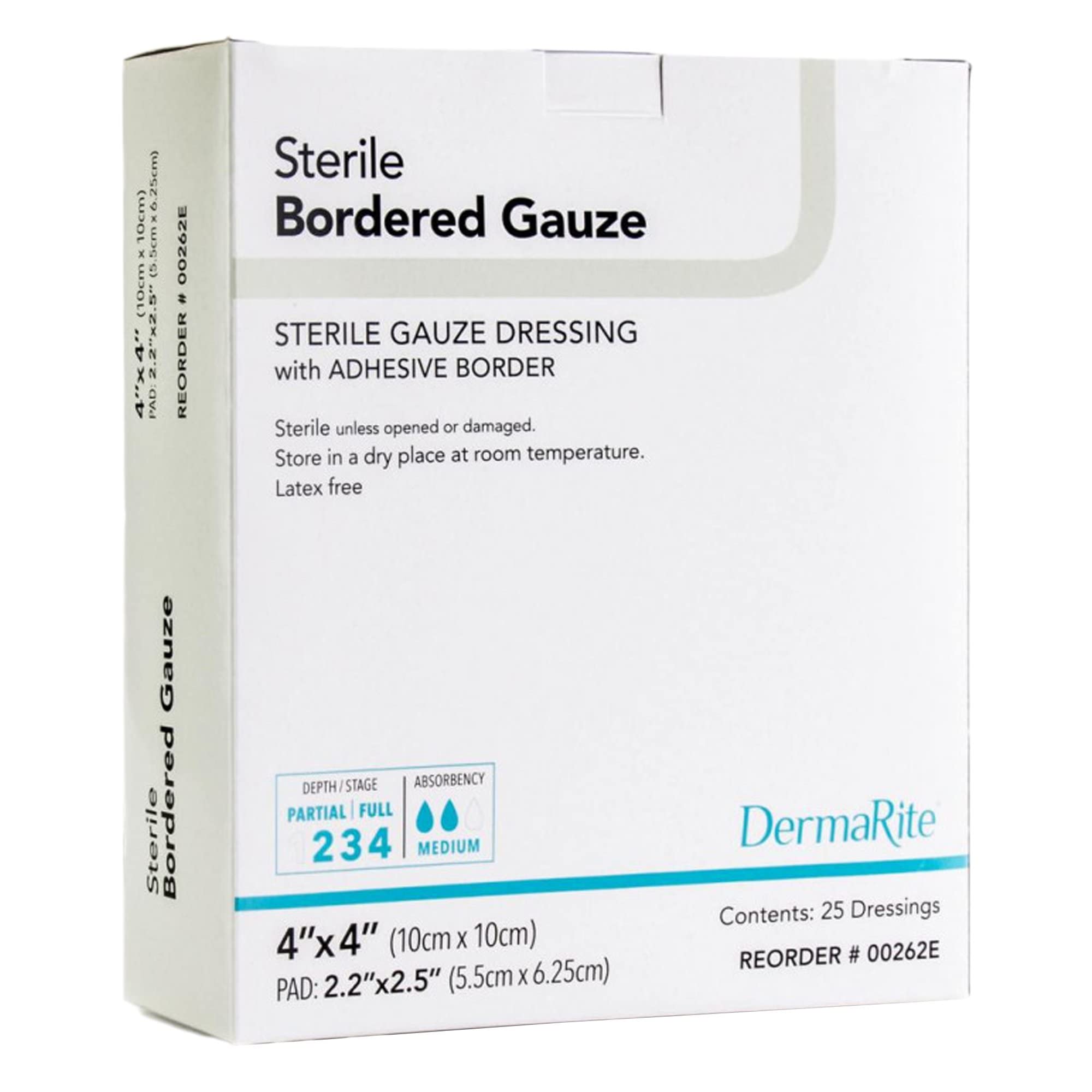 DermaRite bordered gauze dressing applied to wound for secure protection.