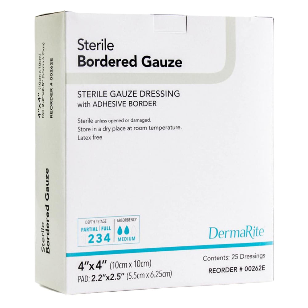 DermaRite bordered gauze dressing applied to wound for secure protection.