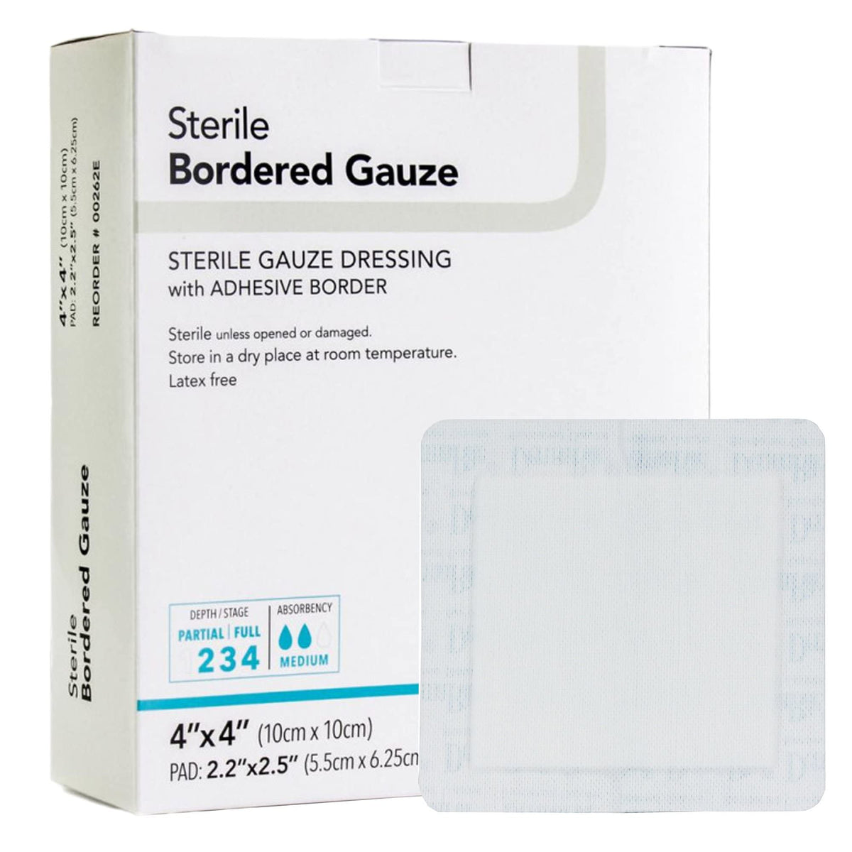 DermaRite bordered gauze dressing in package, sterile and ready for use.