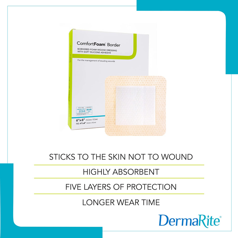 DermaRite ComfortFoam Border foam pad absorbs exudate to keep affected skin dry.