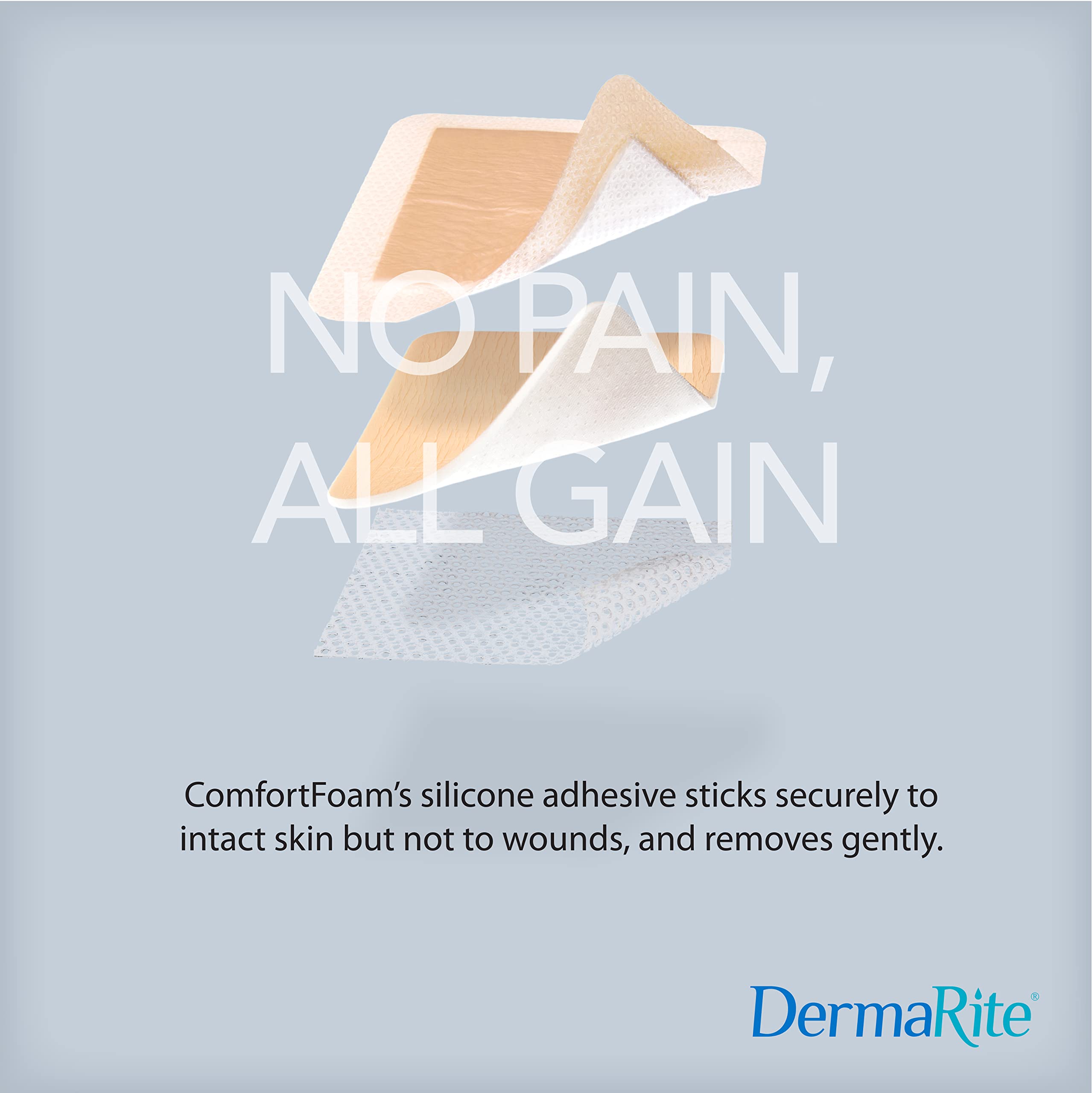 DermaRite ComfortFoam Border self-adhesive design provides secure fit without frequent reapplication.