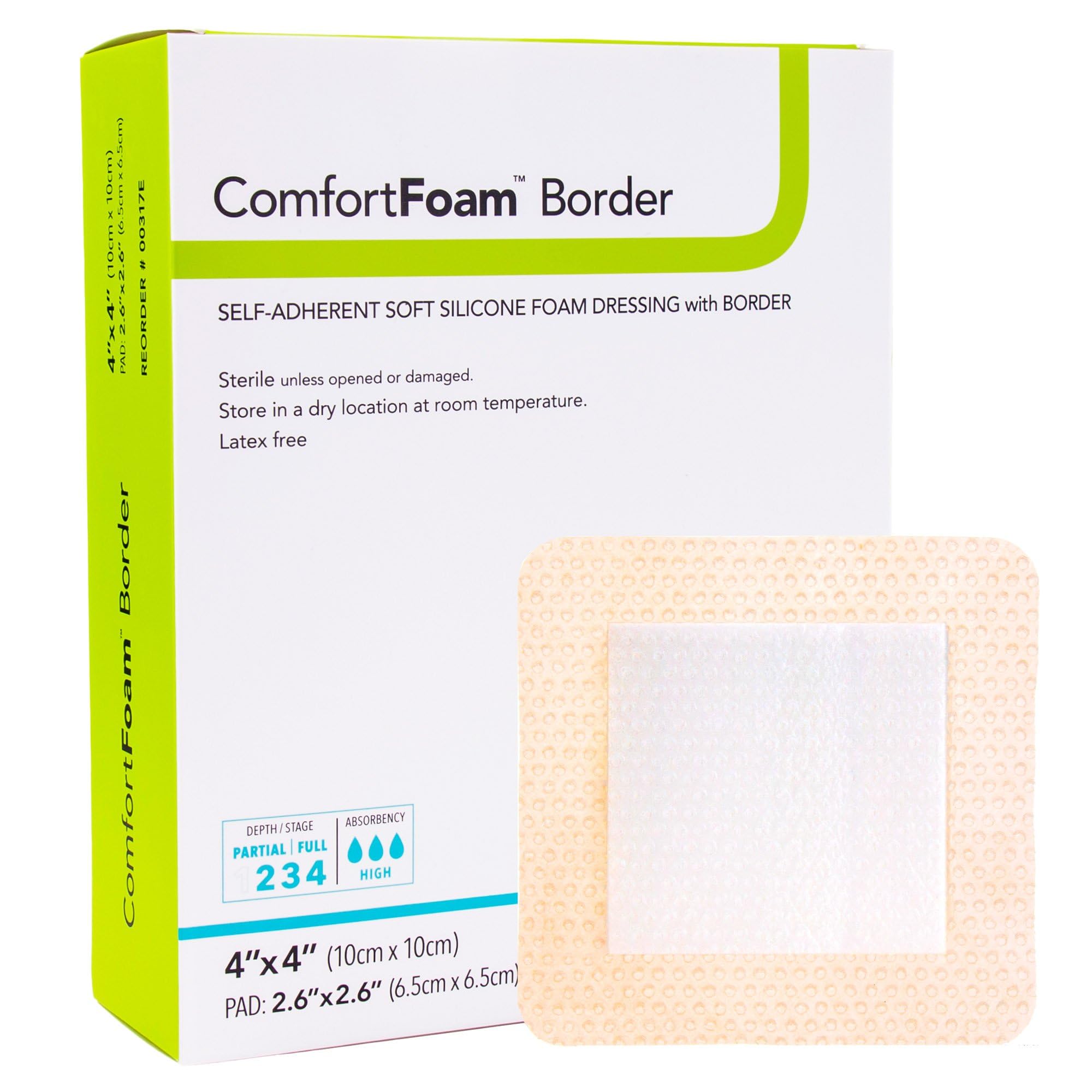 DermaRite ComfortFoam Border with soft silicone adheres gently to skin for pain-free dressing changes.