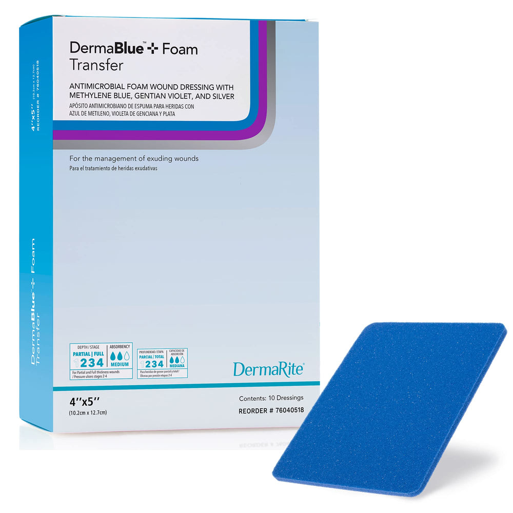 DermaBlue+ foam dressing in 4x5 inch size shown for wound care