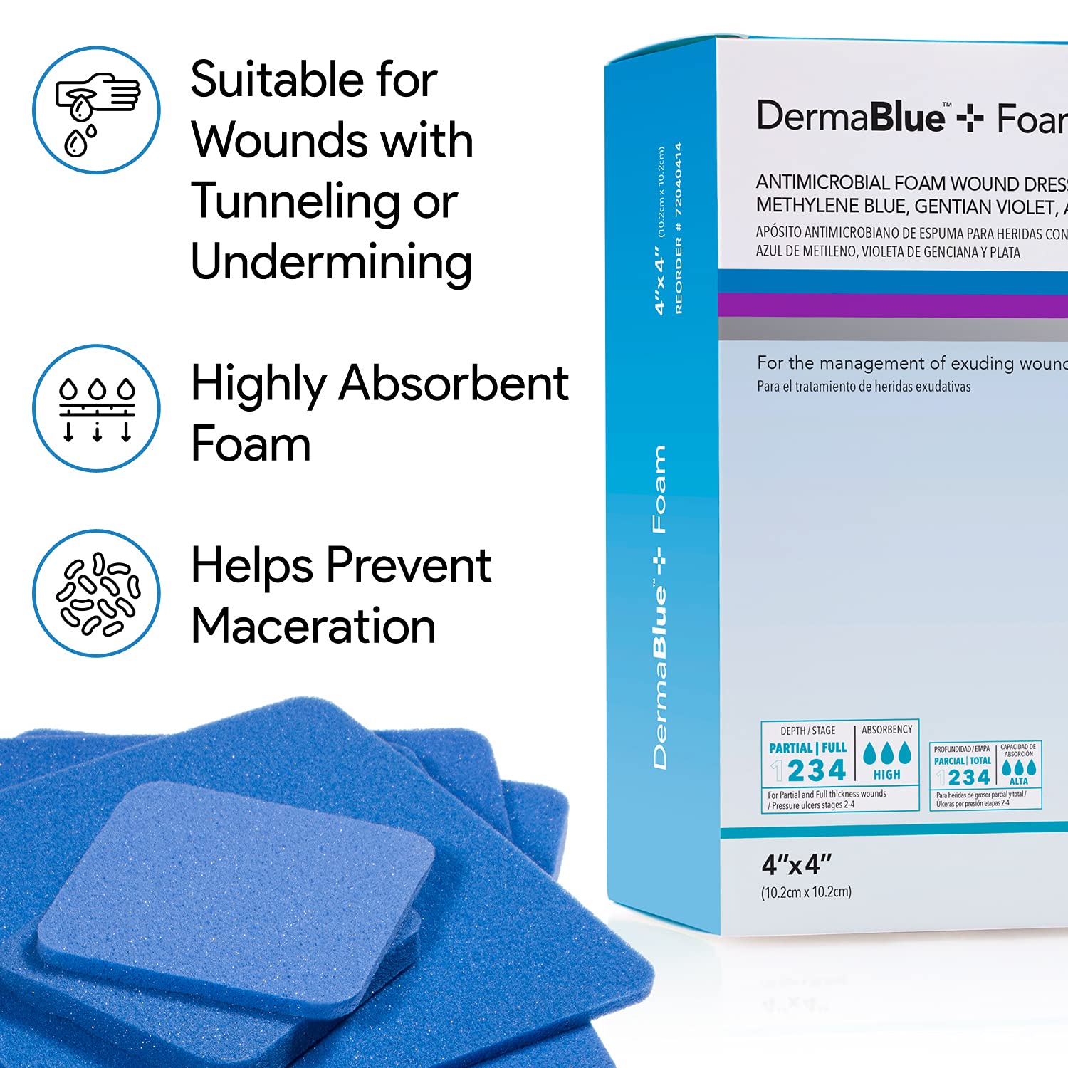 DermaBlue+ foam dressing displays gentian violet and silver components bound in foam