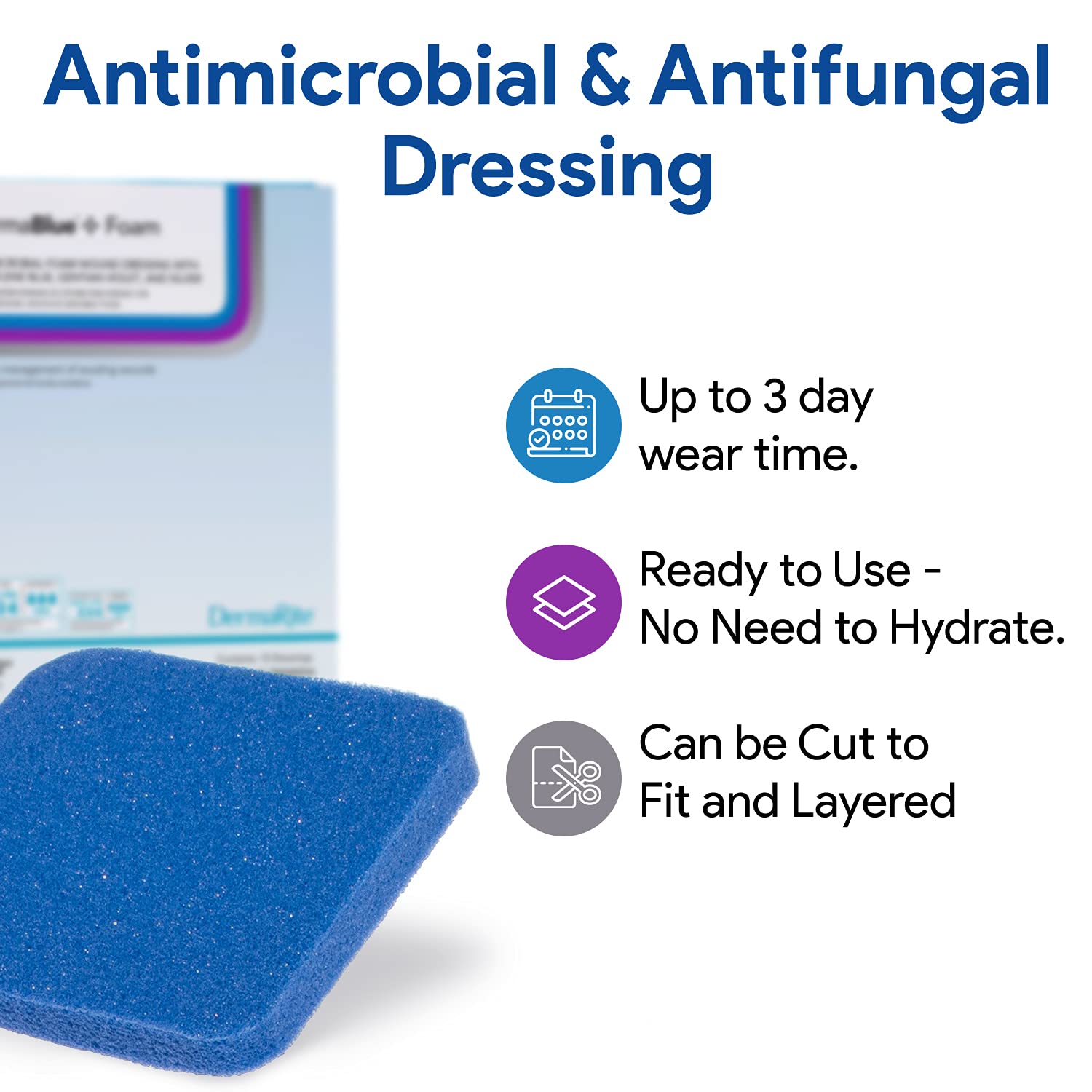 DermaBlue+ foam dressing shows embedded methylene blue within the foam