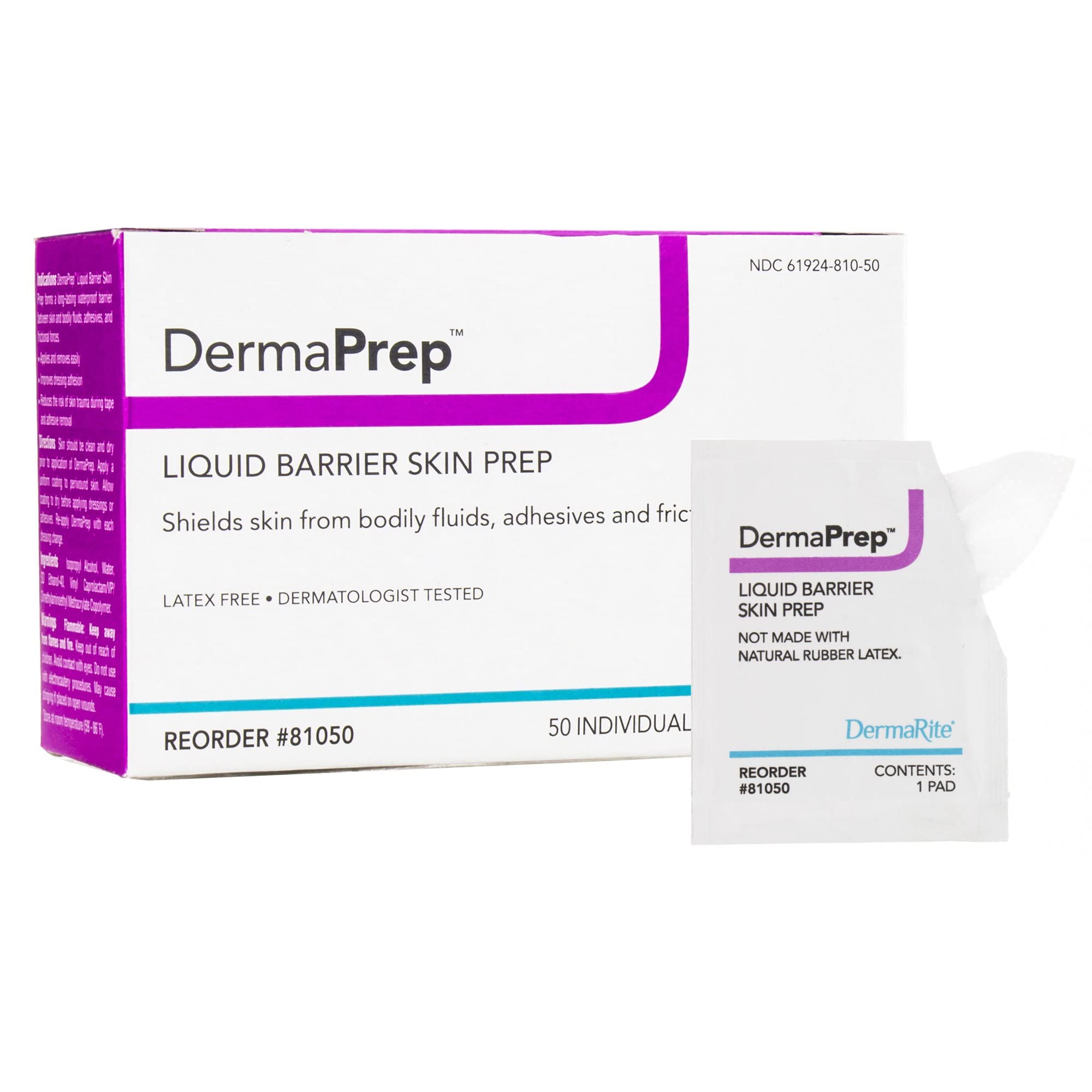 DermaRite DermaPrep packaging displaying liquid barrier pads for skin protection.