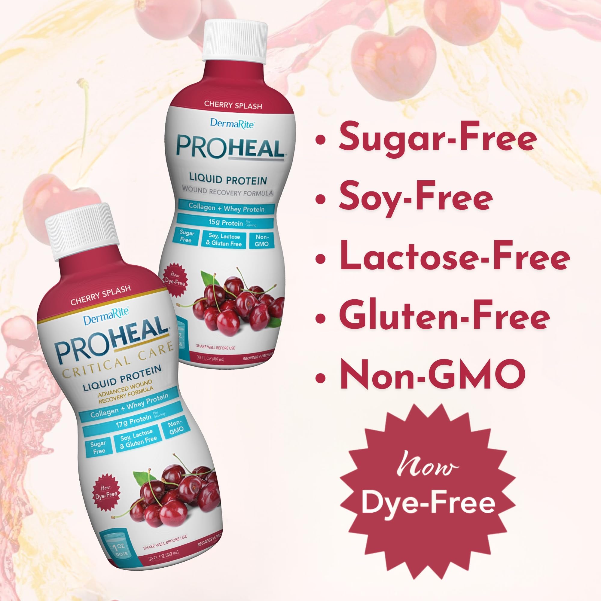 DermaRite ProHeal bottle label highlights 15 g protein per serving.