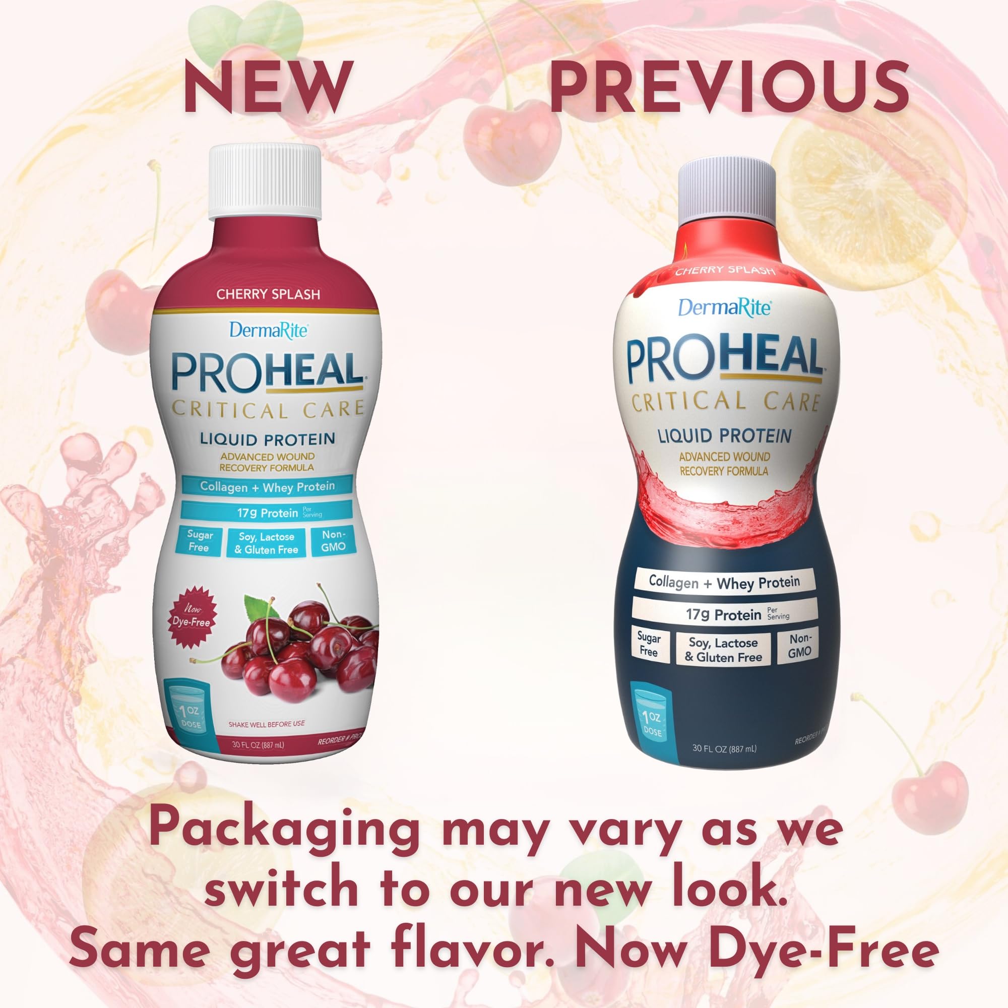 DermaRite ProHeal nutrition panel emphasizes hydrolyzed collagen and whey protein.