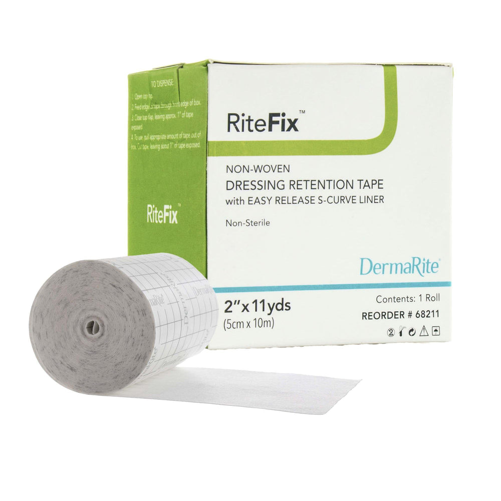 DermaRite RiteFix nonwoven dressing tape roll provides hypoallergenic adhesion for sensitive skin.