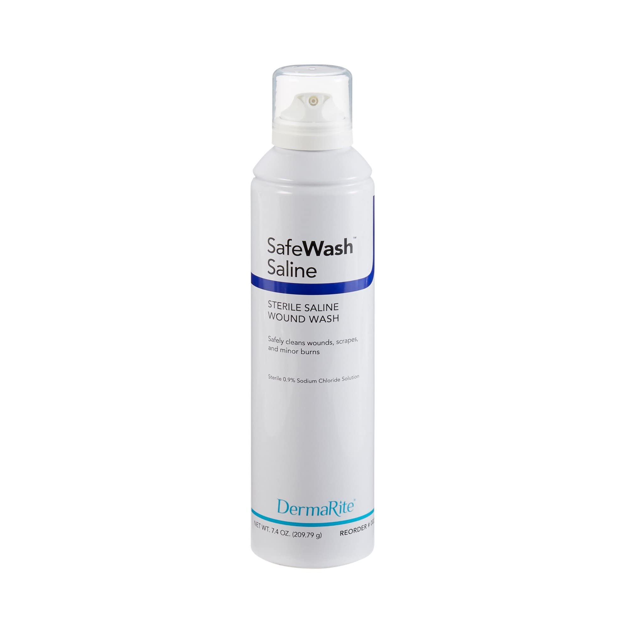 DermaRite Safe Wash Wound Saline packshot for gentle wound cleansing in clinical settings.