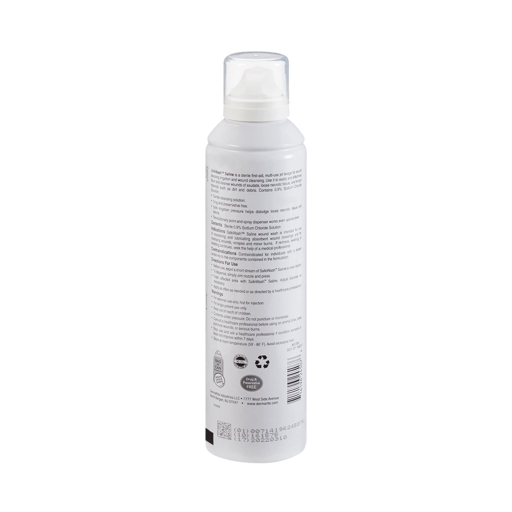 DermaRite Safe Wash Wound Saline use scene demonstrates easy application and sterile handling.