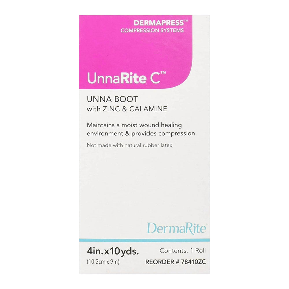 DermaRite UnnaRite C Unna Boot packaging shows latex-free design for gentle leg care.