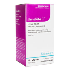DermaRite UnnaRite C Unna Boot roll measuring 4 in x 10 yd for easy sizing.
