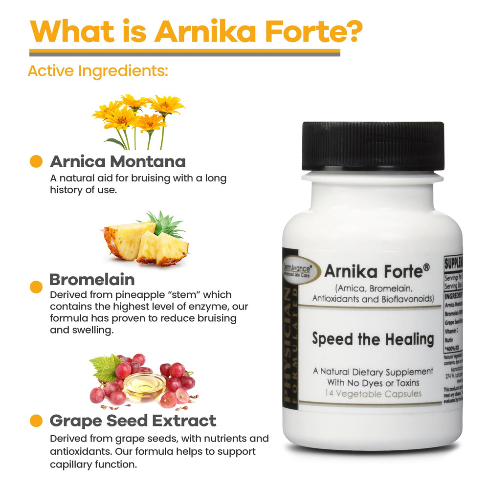 DermAvance Arnika Forte bottle label showing vegan, non-GMO formulation