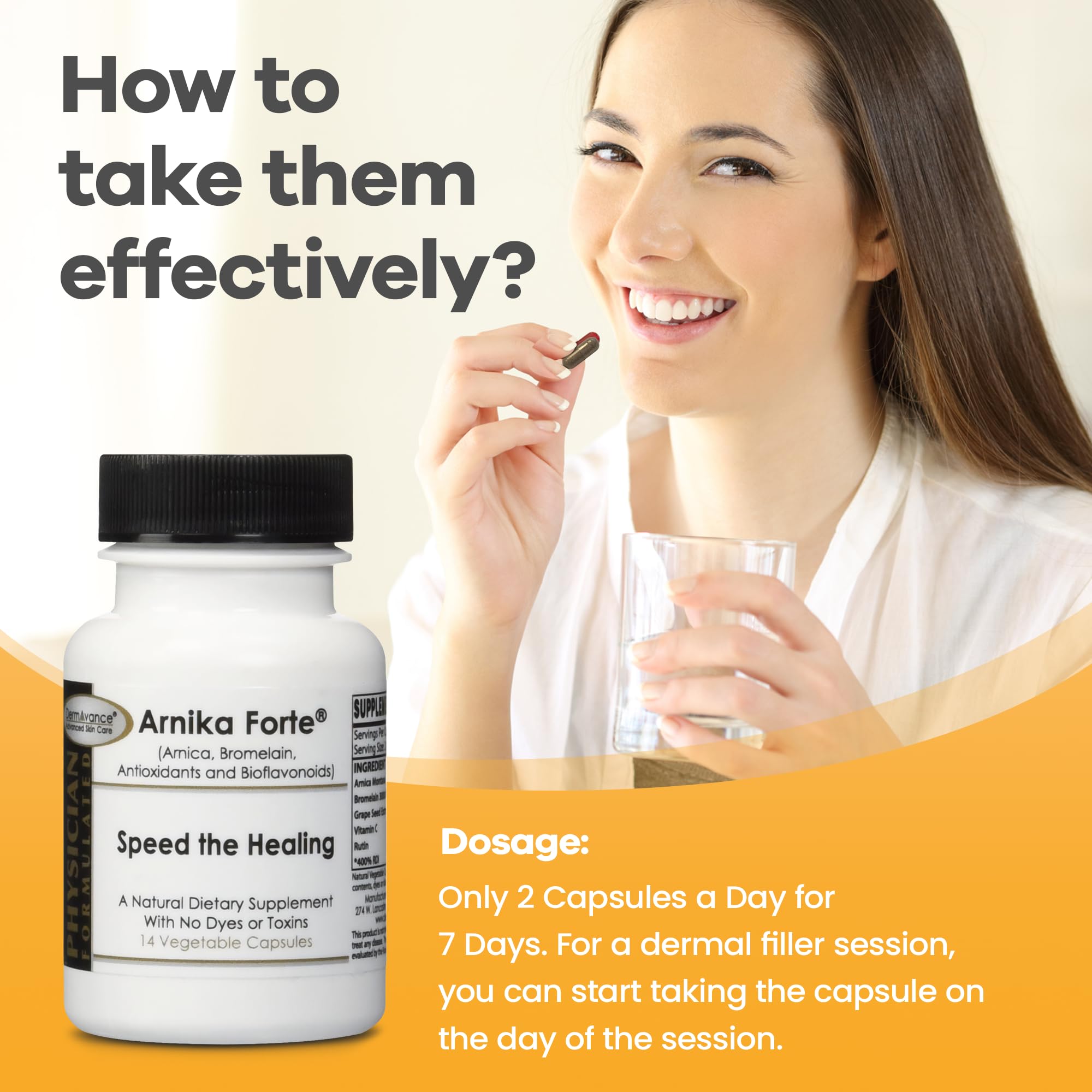 DermAvance packaging highlights Arnica Bromelain and rutin for natural recovery support