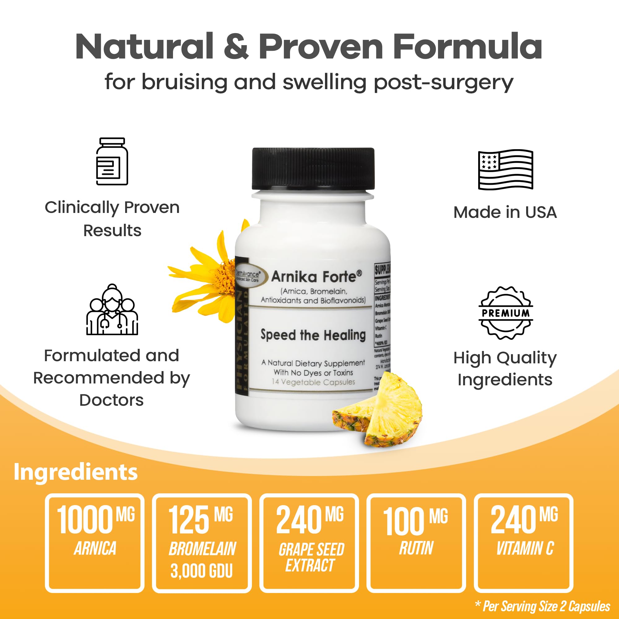 Vegan and non-GMO stamp visible on DermAvance Arnika Forte bottle