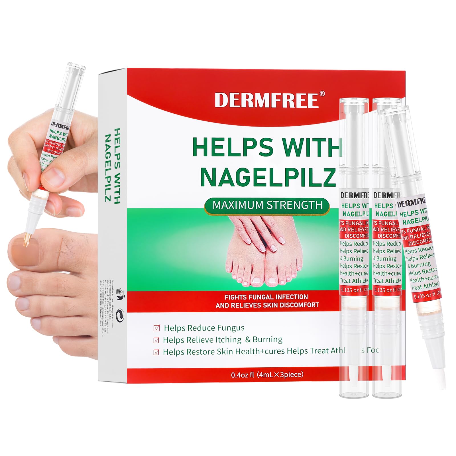 DERMFREE Toe Nail Fungus Renewal Pen application demonstrates precise base-of-cuticle use for nail care.