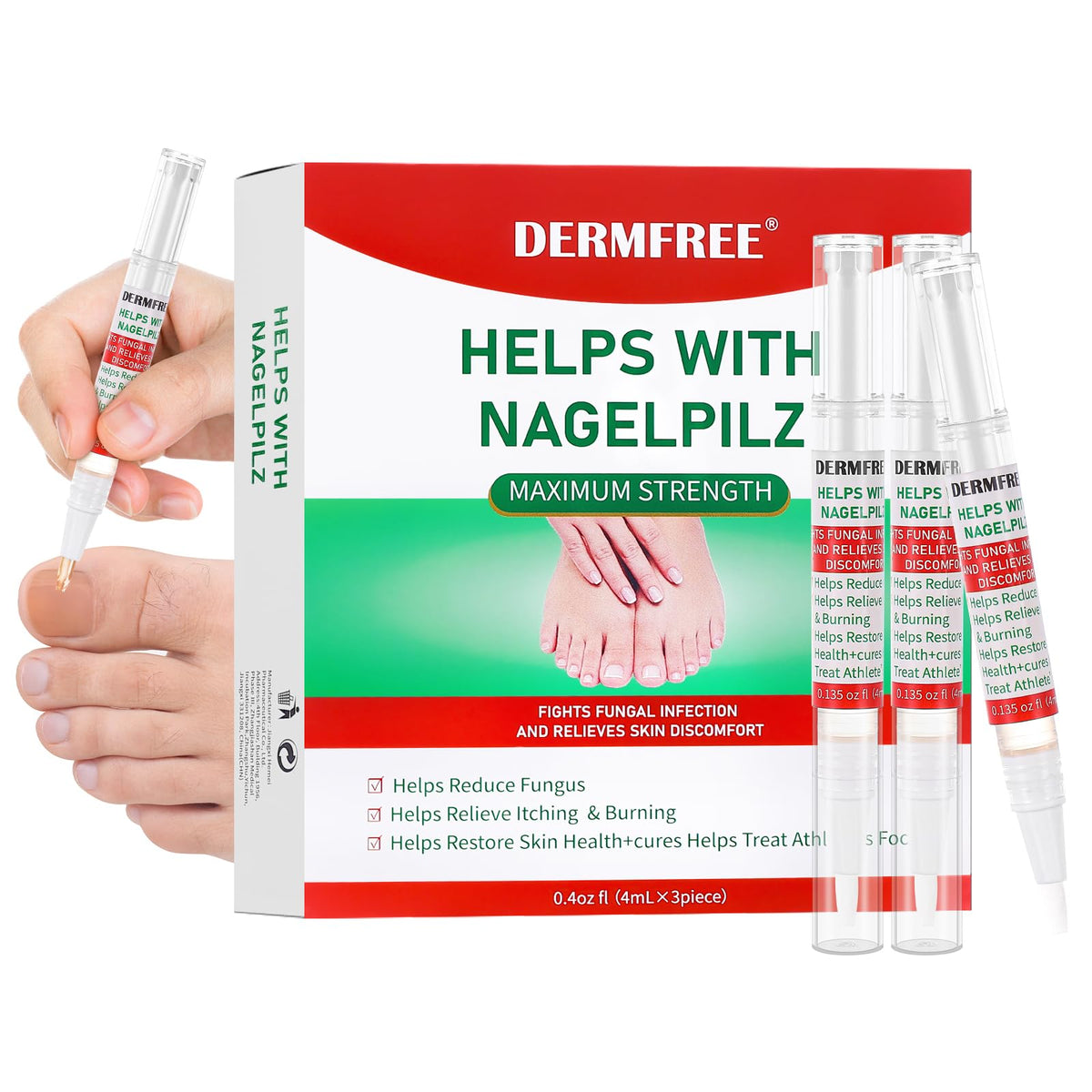DERMFREE Toe Nail Fungus Renewal Pen application demonstrates precise base-of-cuticle use for nail care.