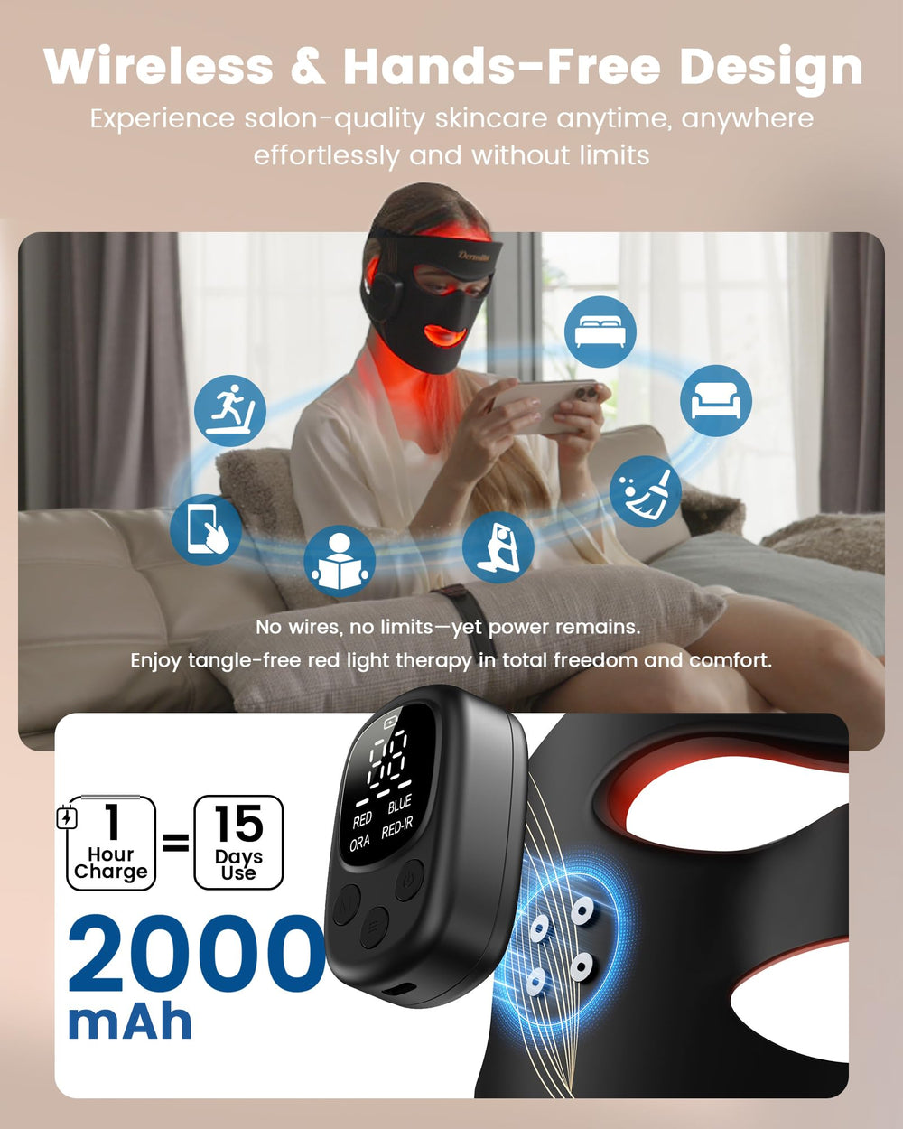 Dermita 2000mAh rechargeable battery supports long sessions and travel.