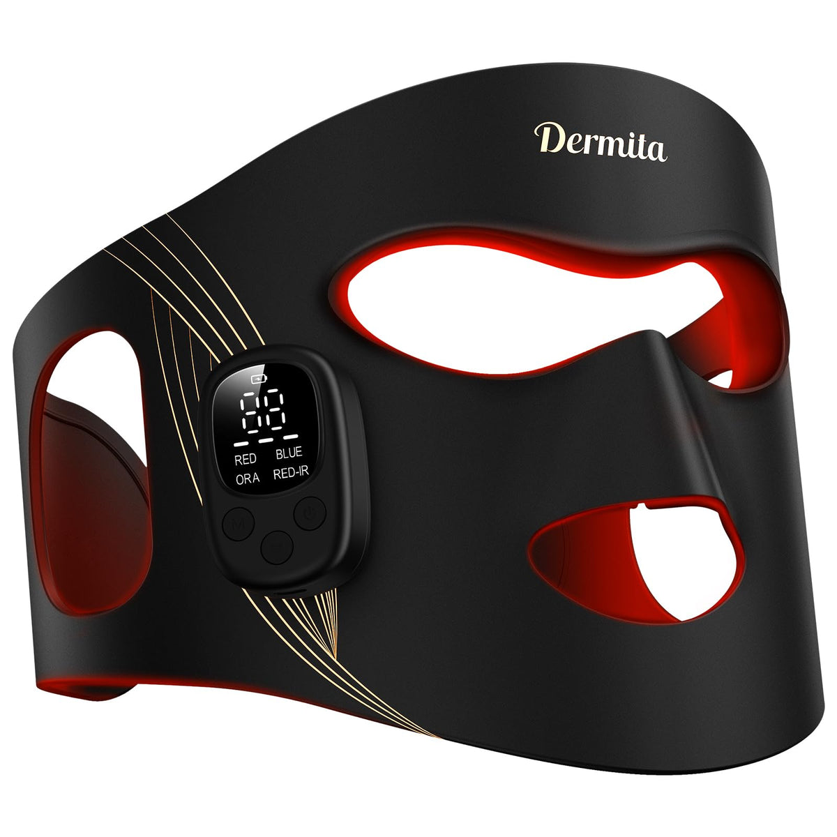 Dermita red light mask on the face for full-face light therapy.