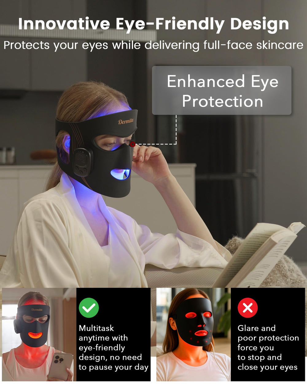 Dermita wireless mask with remote control for easy mode and timer adjustments.