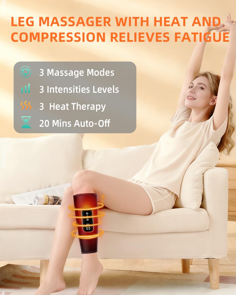 DermoPrime leg massager shown with heat setting for soothing warmth.