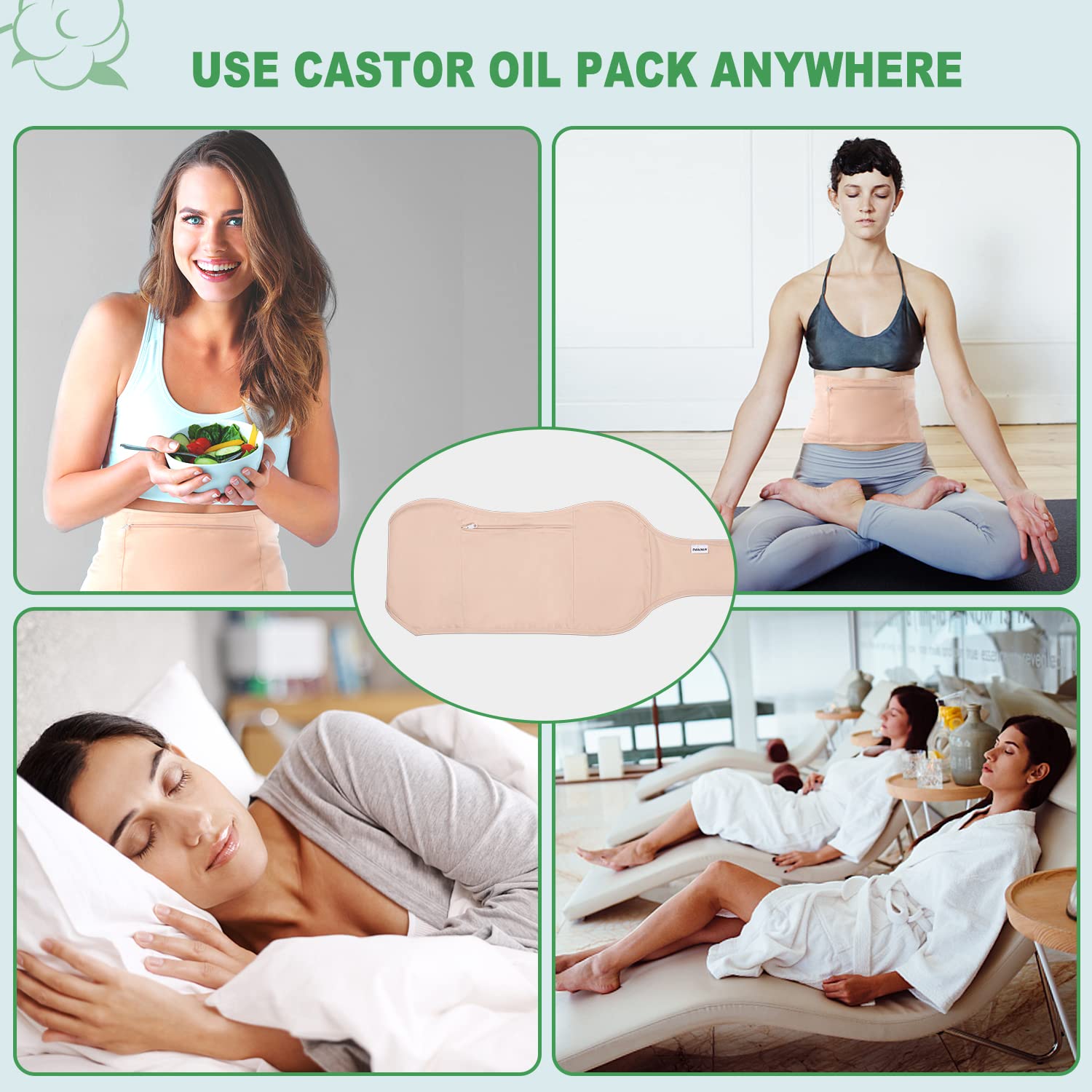 DEROWN castor oil pack worn while resting or doing yoga