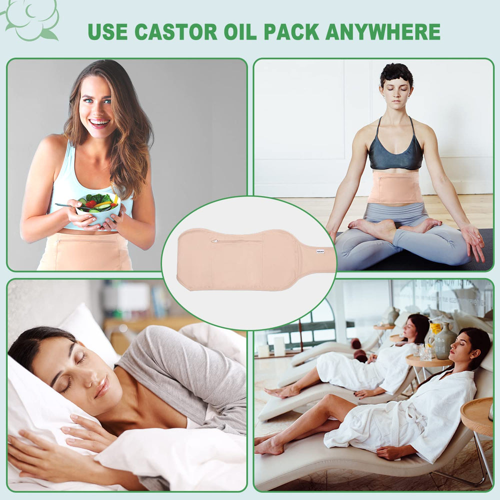 DEROWN castor oil pack worn while resting or doing yoga