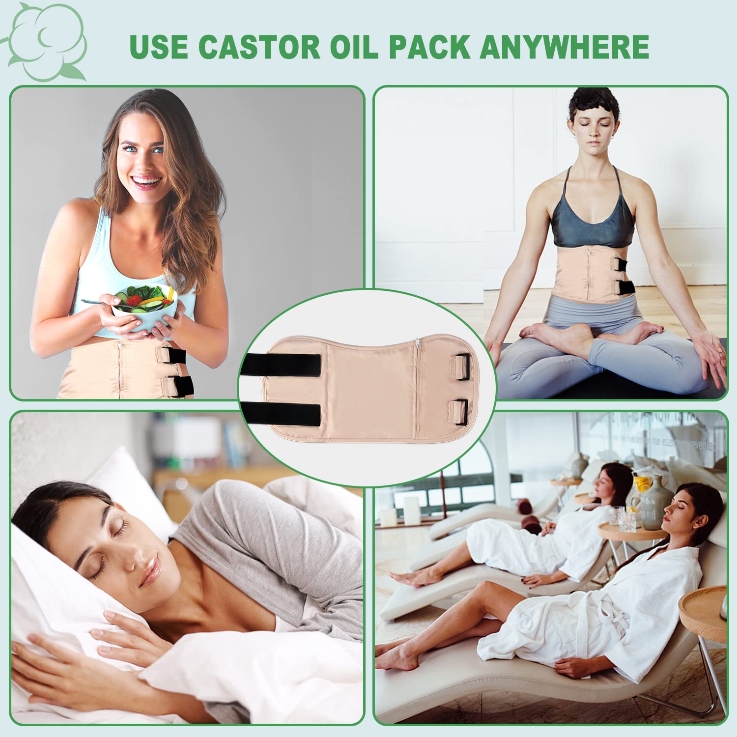 DEROWN castor oil pack wrap can be worn during yoga, work, or sleep.