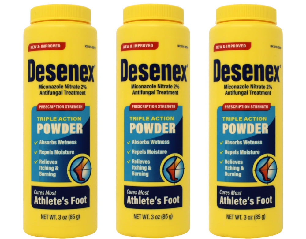 Desenex antifungal powder bottle ready for use to help keep feet dry.