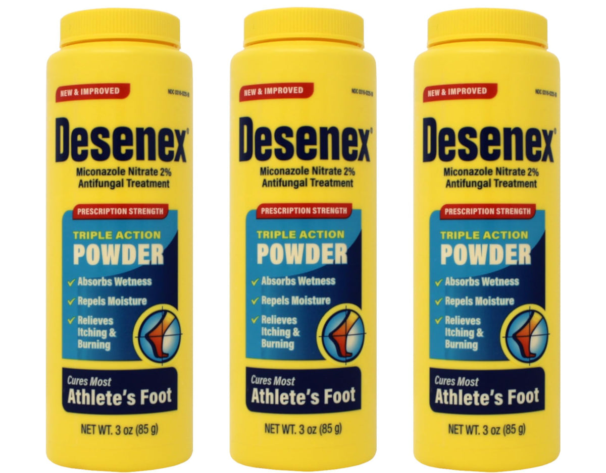 Desenex antifungal powder bottle ready for use to help keep feet dry.