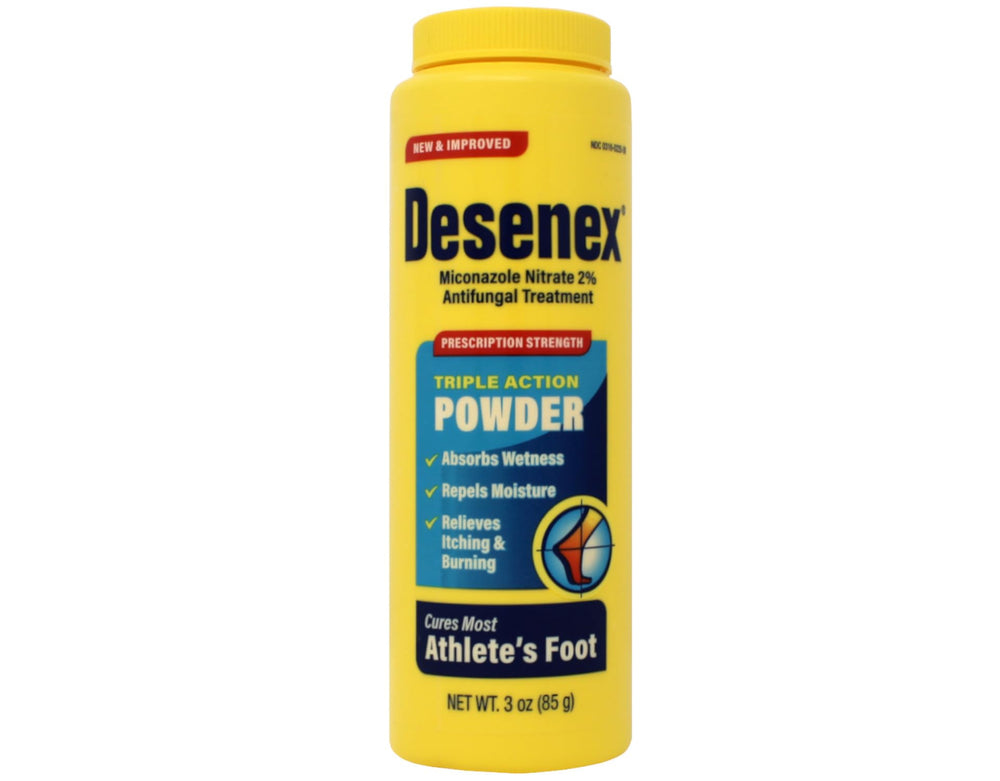 Close-up of Desenex powder being dispensed for easy application.