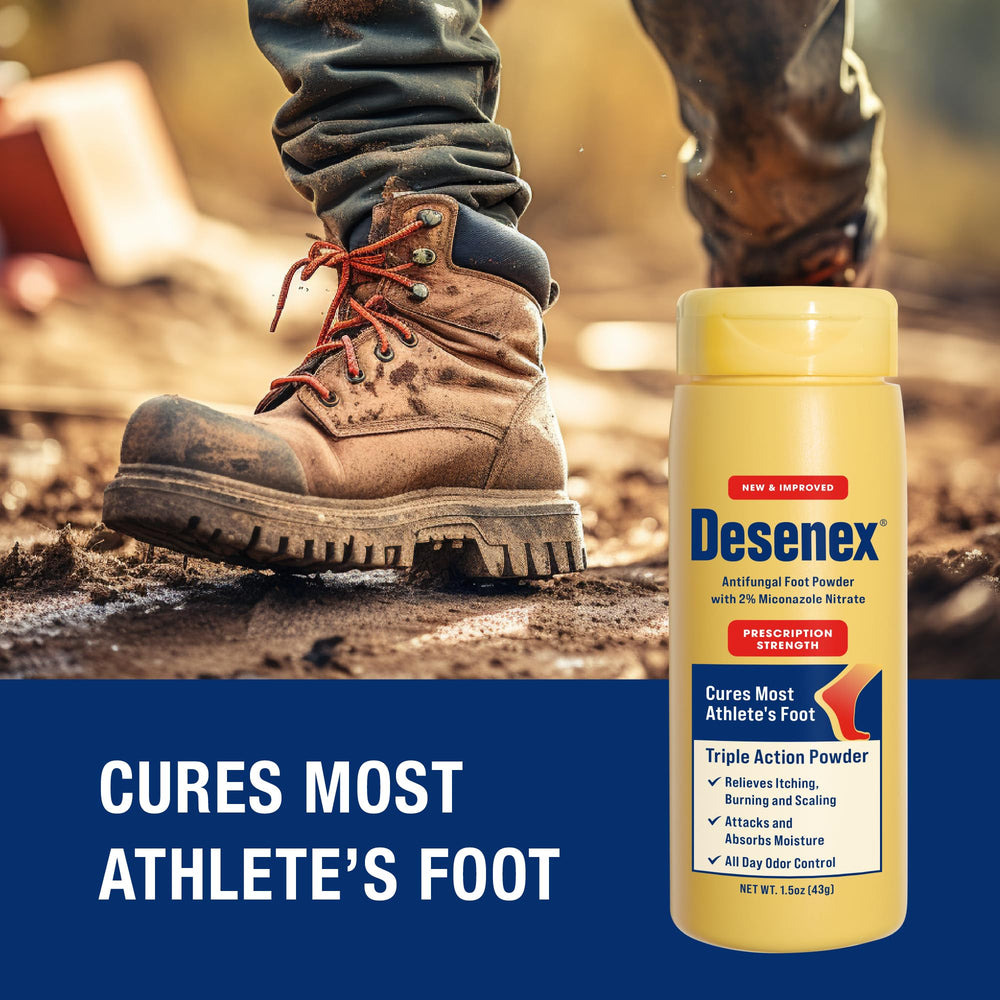 Desenex powder inside a shoe illustrating all day odor control.