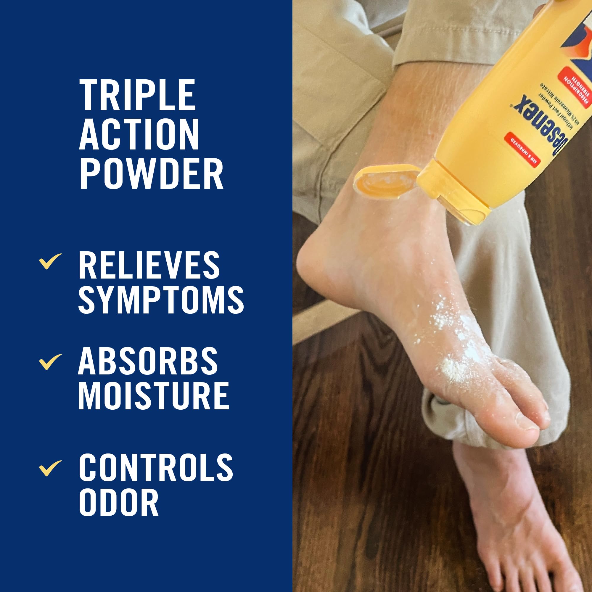 Desenex toes close-up with powder applying moisture protection.