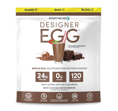 Designer Wellness Designer Egg bottle shows protein-packed packaging for daily shakes
