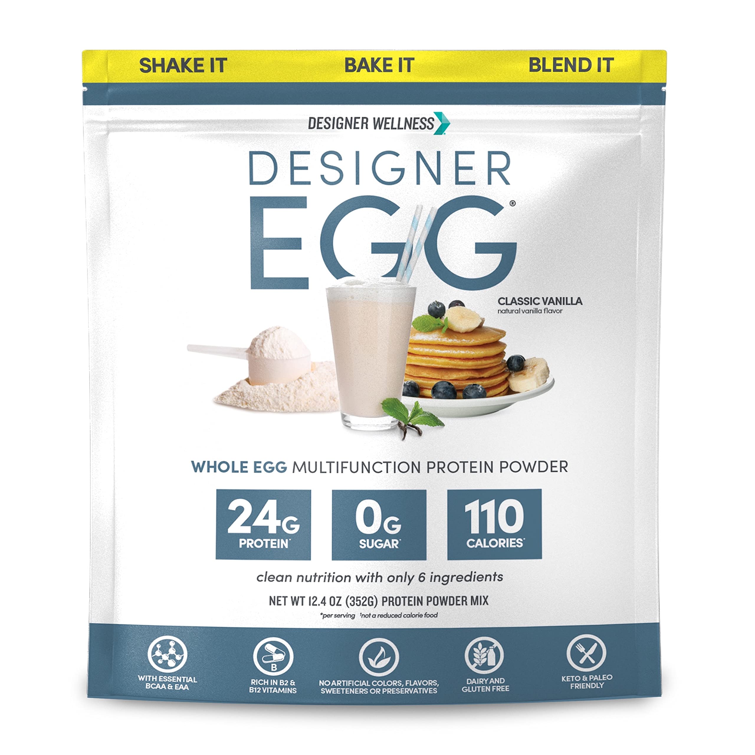 Designer Wellness Designer Egg vanilla bottle shows clean, keto-friendly protein powder packaging
