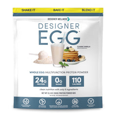 Designer Wellness Designer Egg vanilla bottle shows clean, keto-friendly protein powder packaging