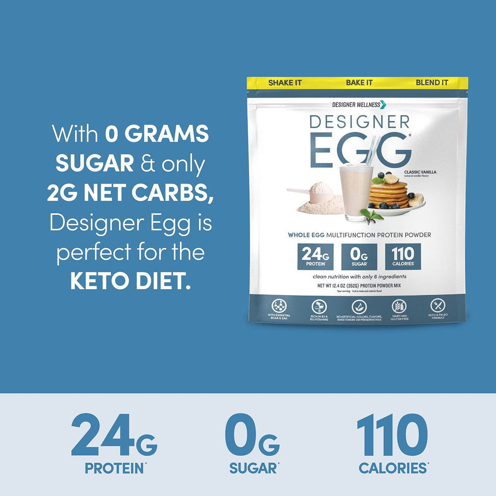 Designer Wellness Designer Egg vanilla nutrition facts card highlights 24 g protein per serving