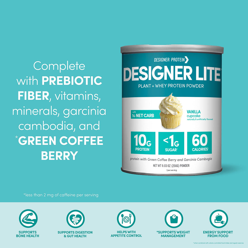 Designer Wellness Designer Lite vanilla shake glass illustrates convenient post-workout support.