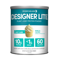Designer Wellness Designer Lite vanilla cupcake bottle shows a low-calorie protein option for quick shakes.