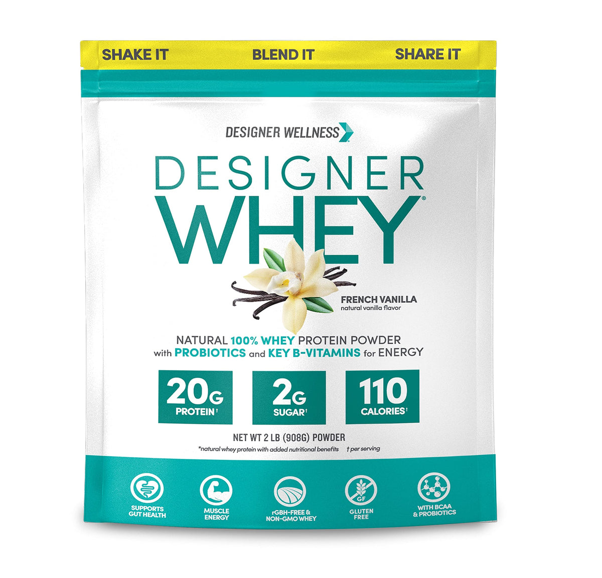 Designer Wellness Designer Whey front bottle for easy storage and premium presentation.