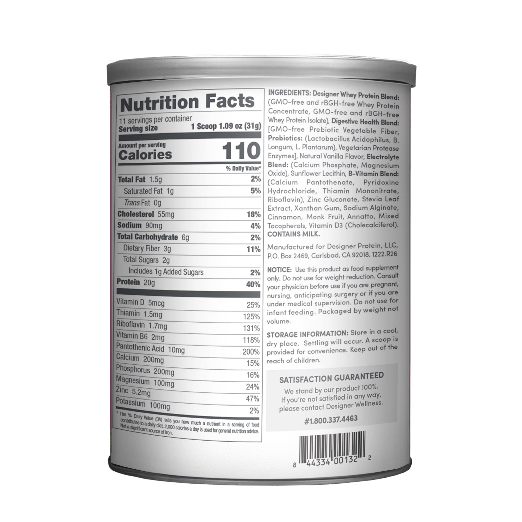 Close-up of the Designer Whey label highlighting probiotics and prebiotic fiber