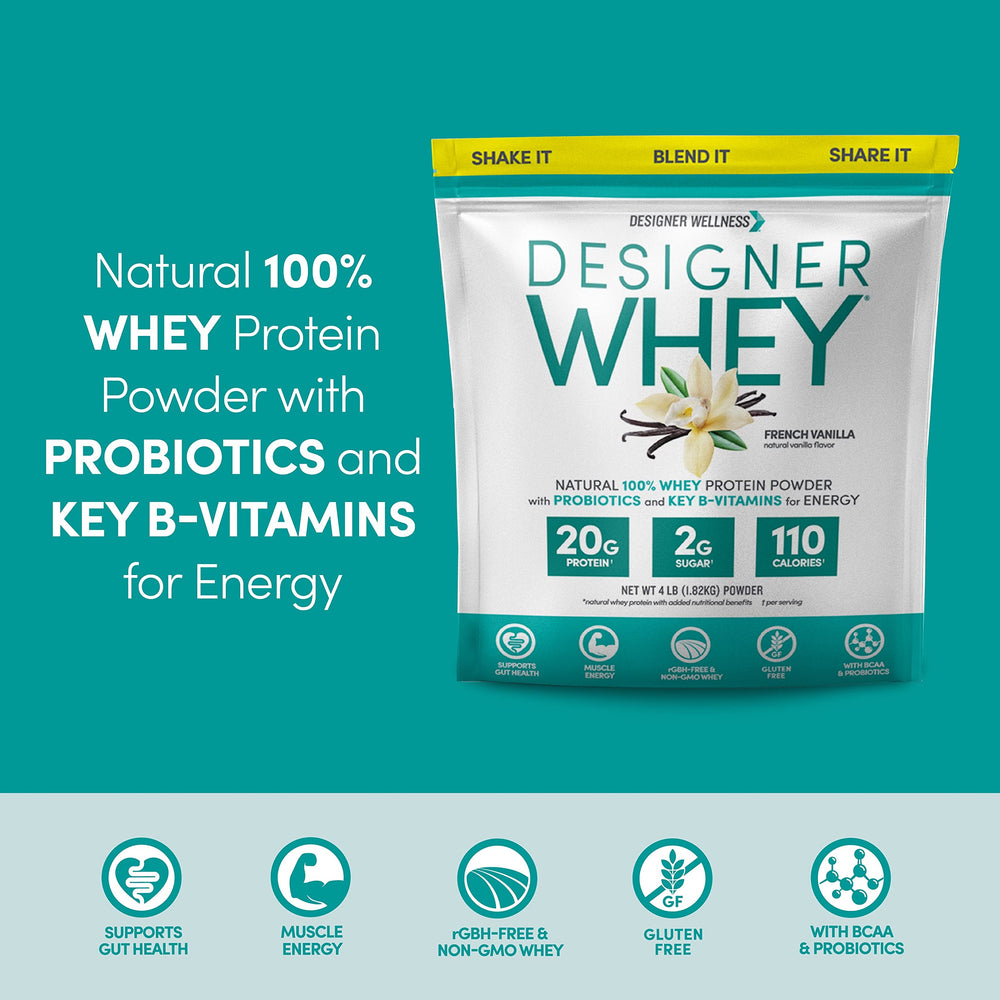 Designer Wellness Designer Whey nutrition panel highlights 20 g protein per serving.