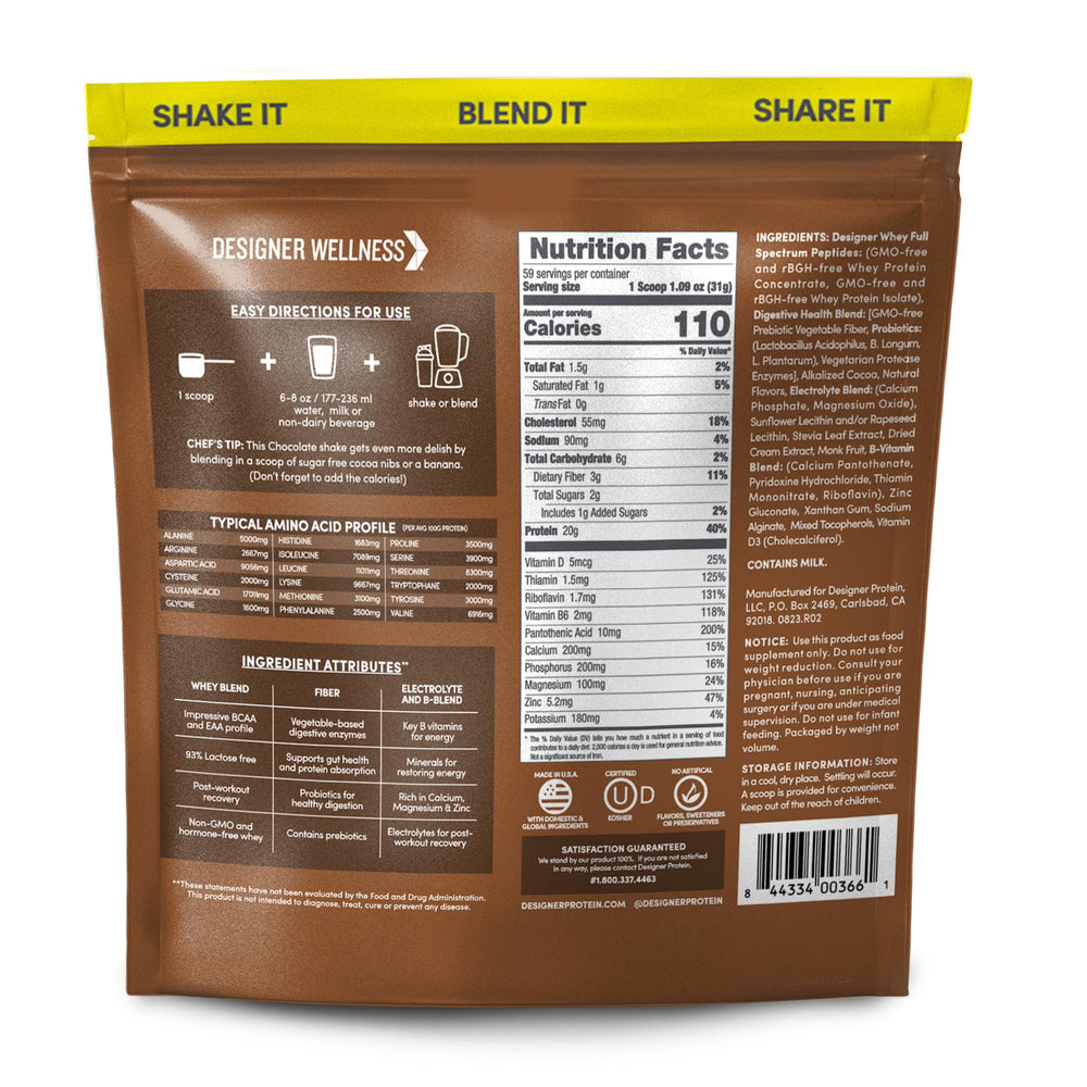 Designer Wellness Designer Whey nutrition panel highlights protein and probiotics for digestion.