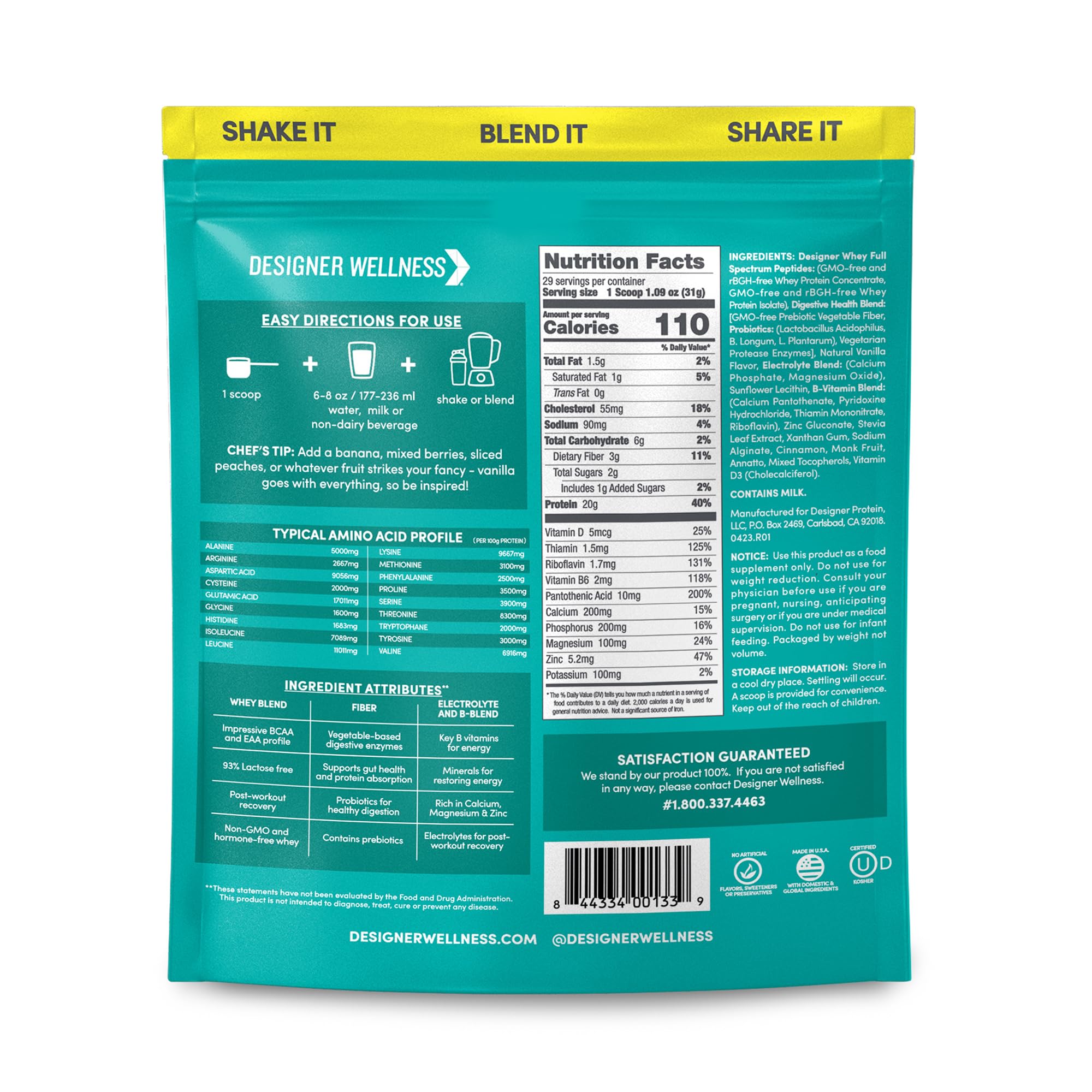Designer Wellness Designer Whey pour into glass showing quick-mix convenience for post-workout recovery.